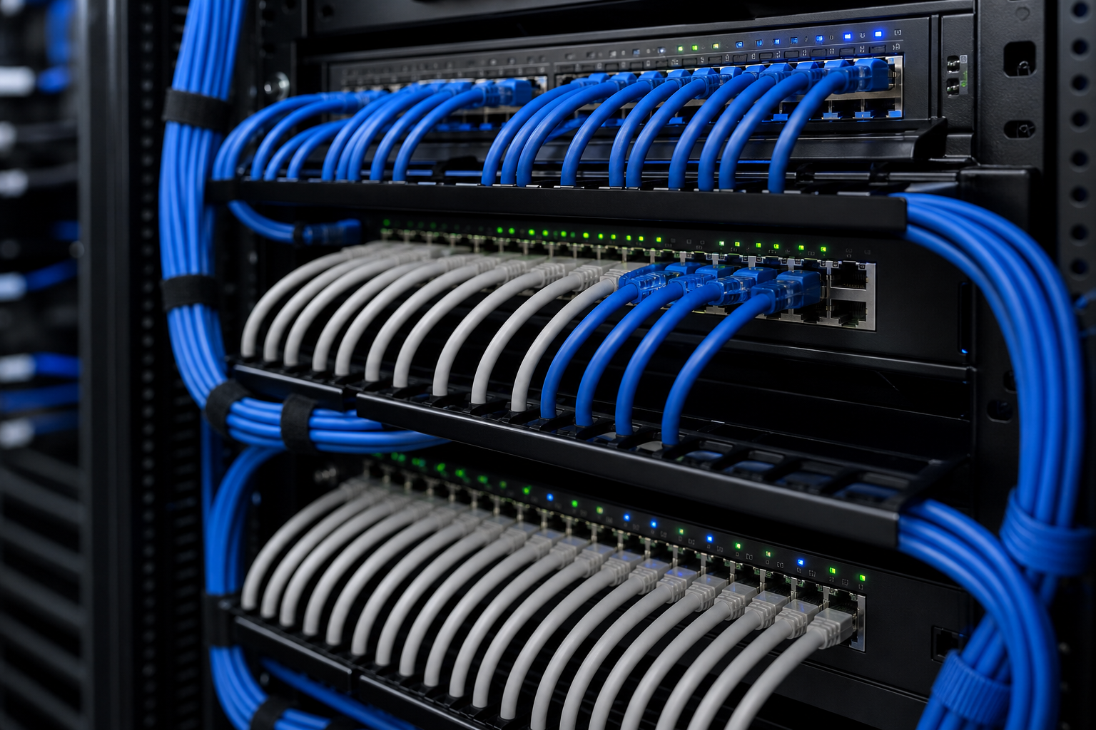 Structured network cabling and switches in a server rack